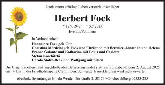 Traueranzeige von Herbert Fock von Wolfenbütteler Zeitung