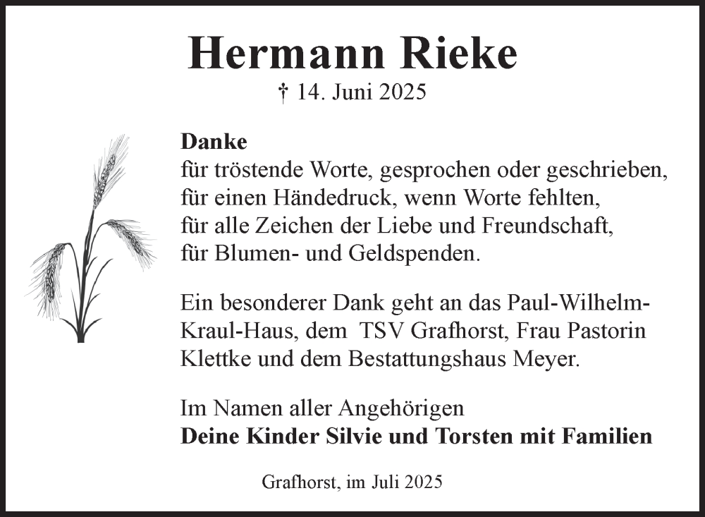  Traueranzeige für Hermann Rieke vom 26.07.2025 aus Helmstedter Nachrichten
