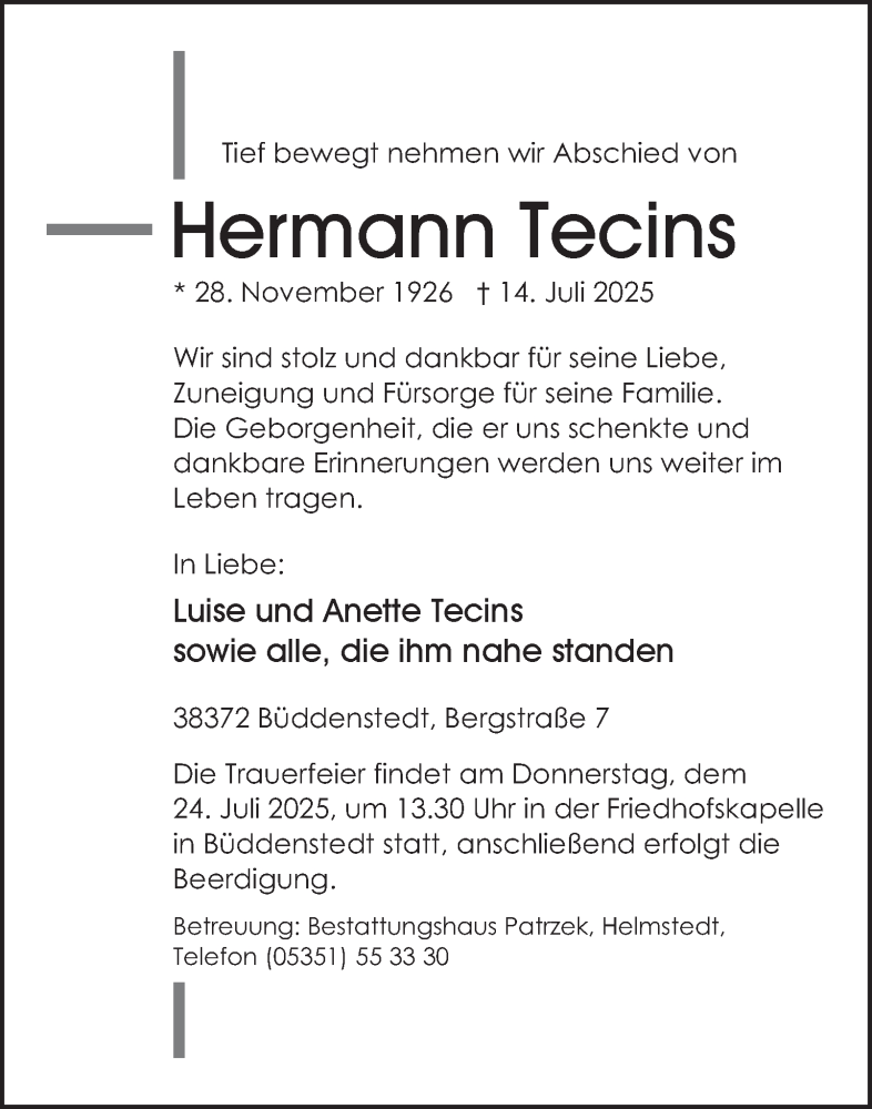  Traueranzeige für Hermann Tecins vom 19.07.2025 aus Helmstedter Nachrichten