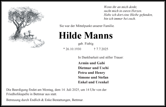 Traueranzeige von Hilde Manns von Peiner Nachrichten