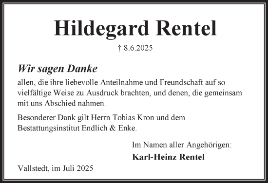 Traueranzeige von Hildegard Rentel von Peiner Nachrichten