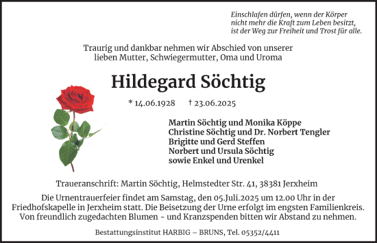 Traueranzeige von Hildegard Söchtig von Helmstedter Nachrichten