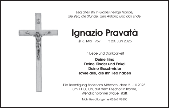 Traueranzeige von Ignazio Pravata von Braunschweiger Zeitung, Wolfsburger Nachrichten
