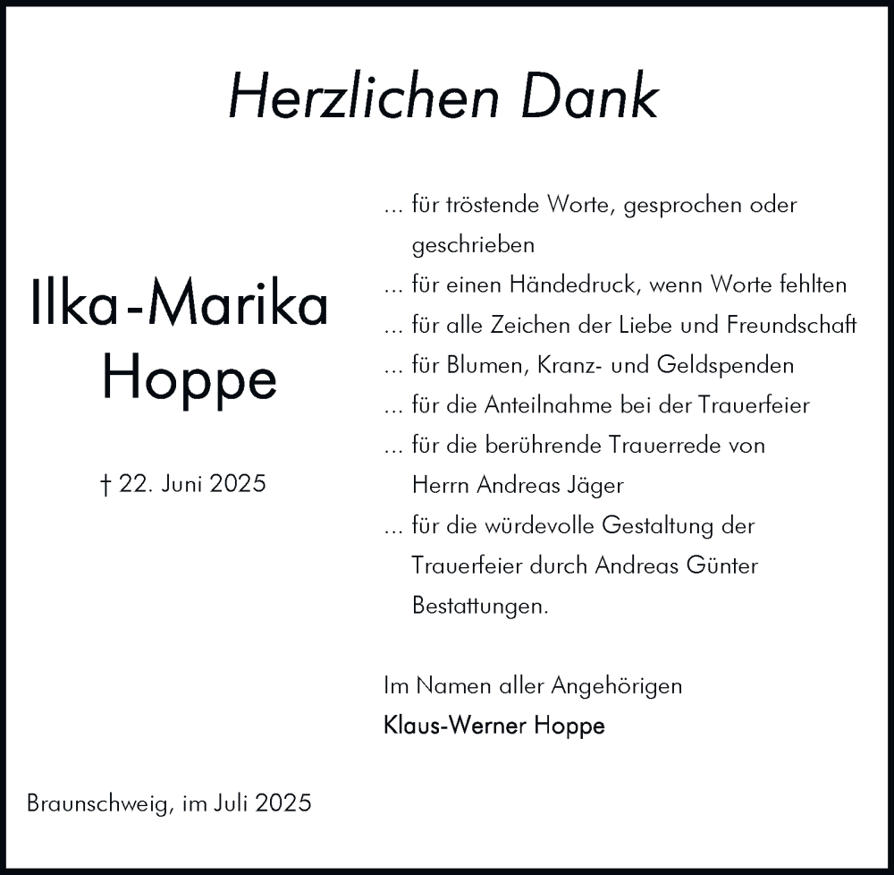  Traueranzeige für Ilka- Marika Hoppe vom 26.07.2025 aus Braunschweiger Zeitung