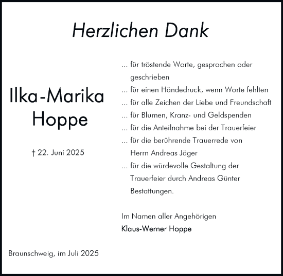 Traueranzeige von Ilka- Marika Hoppe von Braunschweiger Zeitung