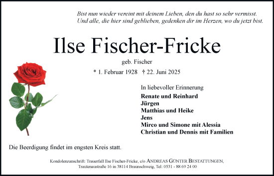 Traueranzeige von Ilse Fischer-Fricke von Braunschweiger Zeitung
