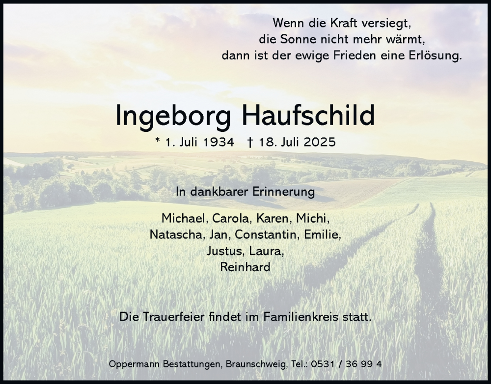  Traueranzeige für Ingeborg Haufschild vom 26.07.2025 aus Wolfenbütteler Zeitung