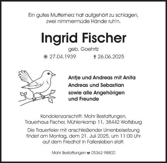 Traueranzeige von Ingrid Fischer 
