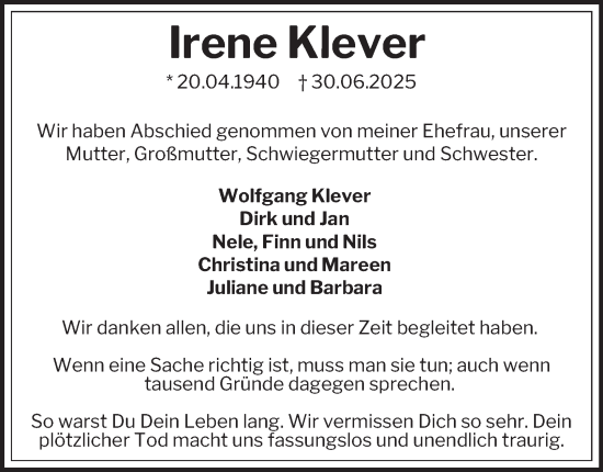 Traueranzeige von Irene Klever von Braunschweiger Zeitung