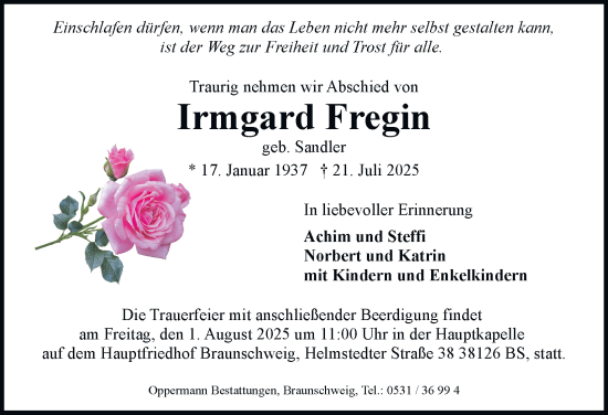 Traueranzeige von Irmgard Fregin von Braunschweiger Zeitung