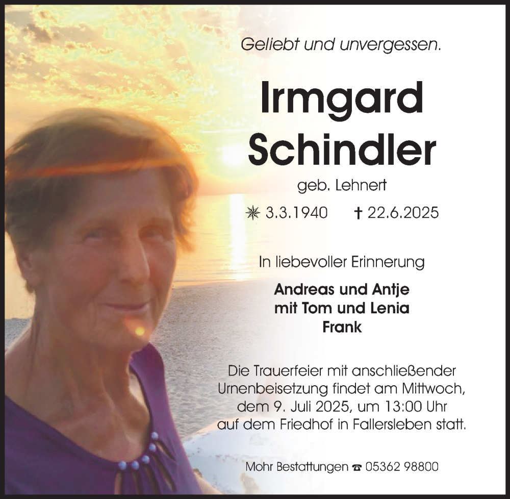  Traueranzeige für Irmgard Schindler vom 28.06.2025 aus Braunschweiger Zeitung, Wolfsburger Nachrichten