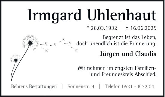 Traueranzeige von Irmgard Uhlenhaut von Braunschweiger Zeitung