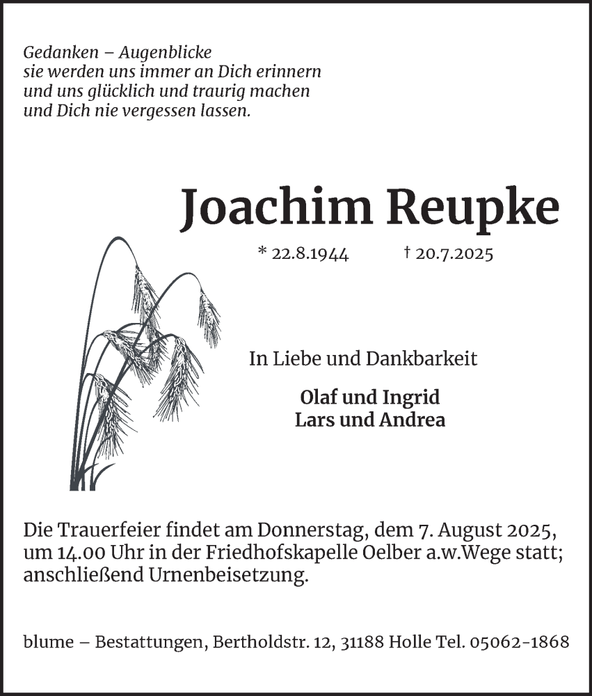  Traueranzeige für Joachim Reupke vom 26.07.2025 aus Salzgitter-Zeitung