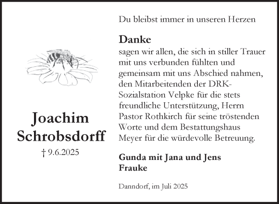 Traueranzeige von Joachim Schrobsdorff von Braunschweiger Zeitung, Wolfsburger Nachrichten