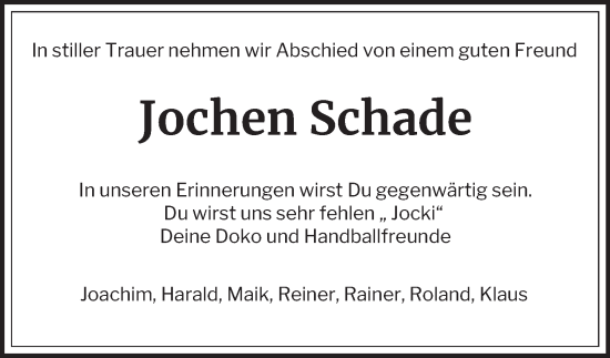 Traueranzeige von Jochen Schade 