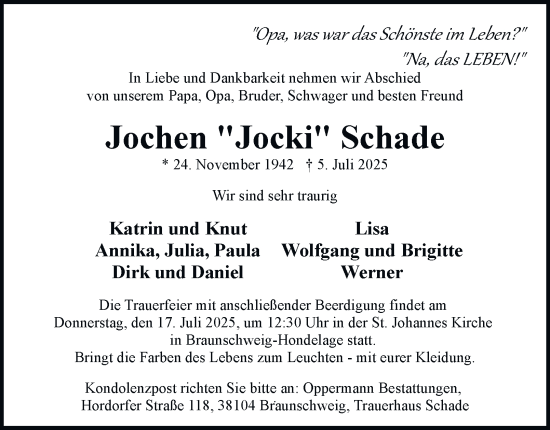 Traueranzeige von Jochen Schade 