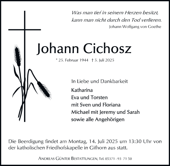 Traueranzeige von Johann Cichosz von Braunschweiger Zeitung, Wolfsburger Nachrichten