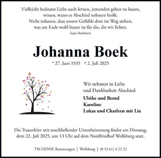 Traueranzeige von Johanna Boek von Braunschweiger Zeitung, Wolfsburger Nachrichten