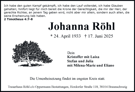Traueranzeige von Johanna Röhl von Braunschweiger Zeitung