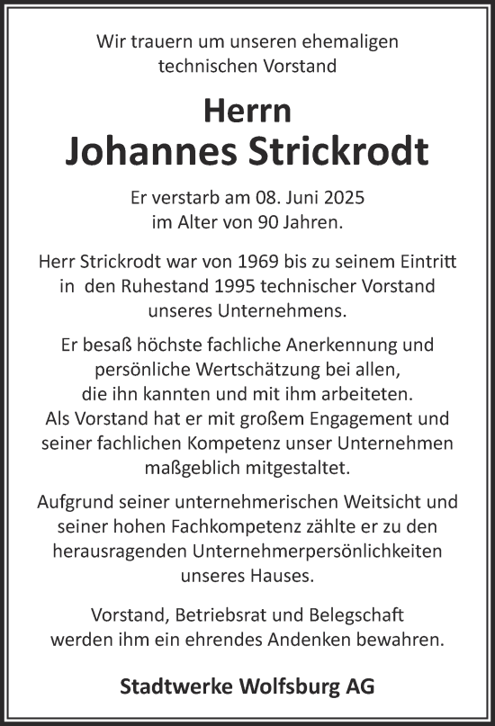 Traueranzeige von Johannes Strickrodt 