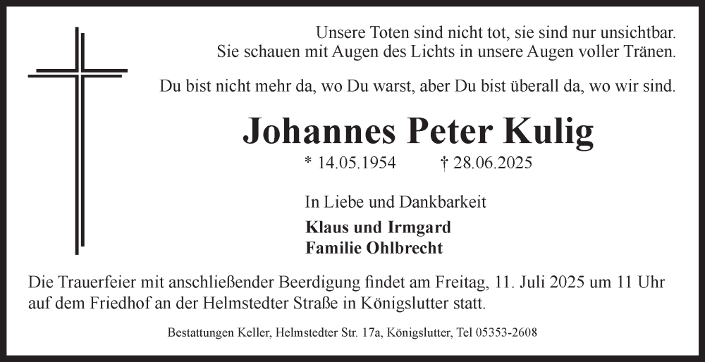  Traueranzeige für Johannes Peter Kulig vom 05.07.2025 aus Helmstedter Nachrichten