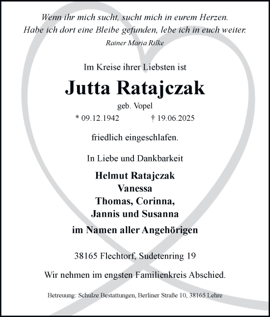 Traueranzeige von Jutta Ratajczak von Helmstedter Nachrichten