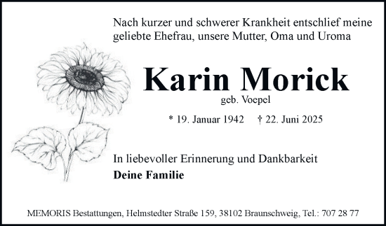 Traueranzeige von Karin Morick von Braunschweiger Zeitung