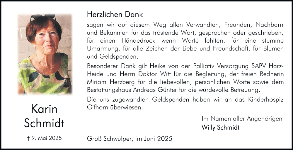  Traueranzeige für Karin Schmidt vom 28.06.2025 aus Braunschweiger Zeitung