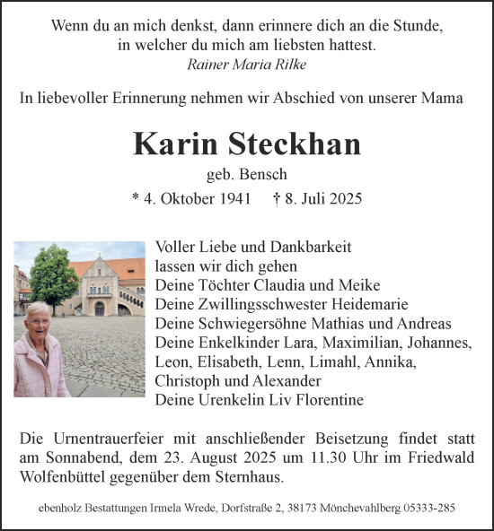 Traueranzeige von Karin Steckhan von Wolfenbütteler Zeitung