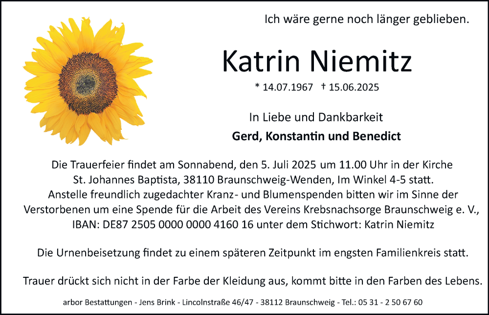  Traueranzeige für Katrin Niemitz vom 28.06.2025 aus Braunschweiger Zeitung