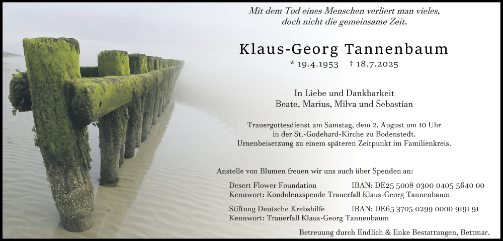  Traueranzeige für Klaus-Georg Tannenbaum vom 26.07.2025 aus Braunschweiger Zeitung