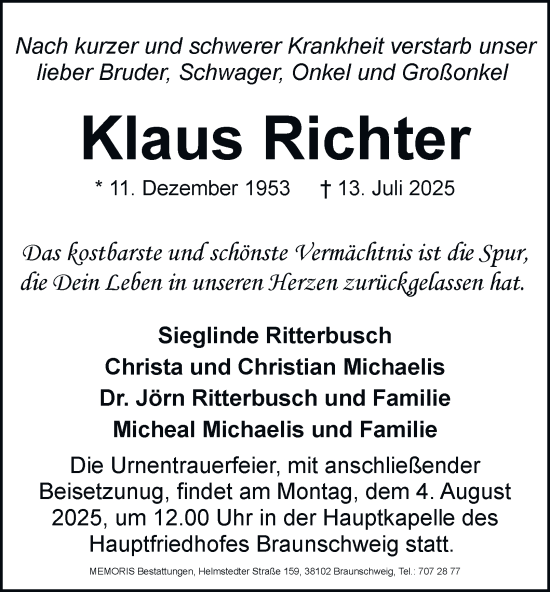 Traueranzeige von Klaus Richter von Braunschweiger Zeitung
