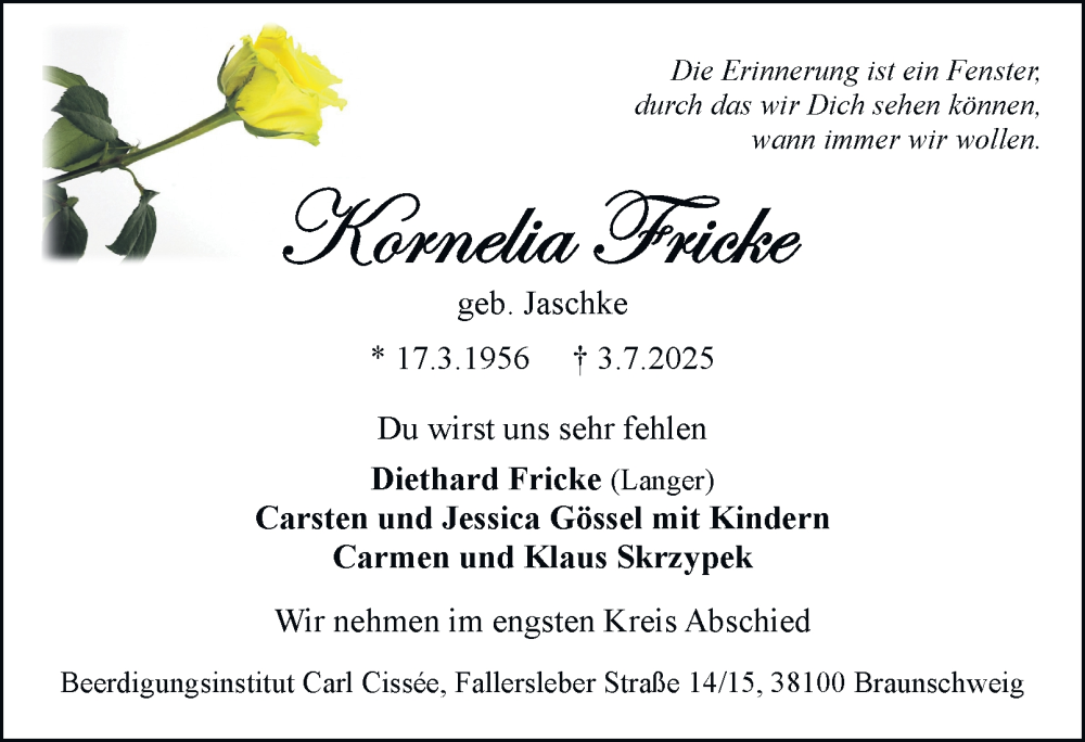  Traueranzeige für Kornelia Fricke vom 19.07.2025 aus Neue Braunschweiger am Samstag