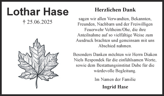 Traueranzeige von Lothar Hase von Braunschweiger Zeitung