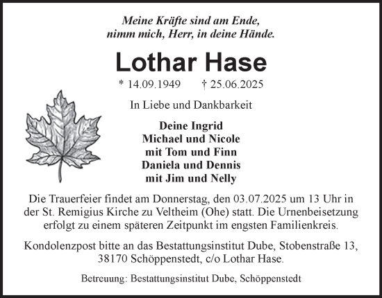 Traueranzeige von Lothar Hase von Braunschweiger Zeitung