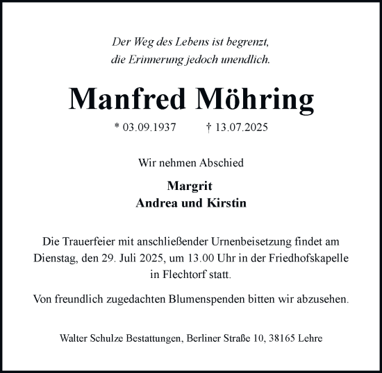 Traueranzeige von Manfred Möhring von Braunschweiger Zeitung, Wolfsburger Nachrichten
