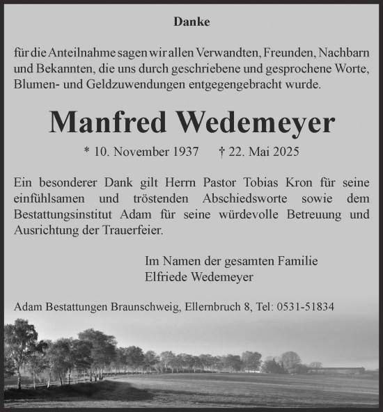 Traueranzeige von Manfred Wedemeyer von Braunschweiger Zeitung