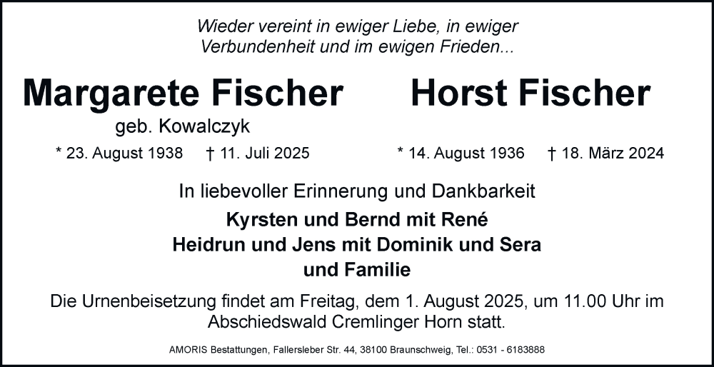  Traueranzeige für Margarete Fischer vom 26.07.2025 aus Braunschweiger Zeitung