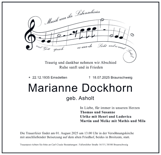Traueranzeige von Marianne Dockhorn von Braunschweiger Zeitung