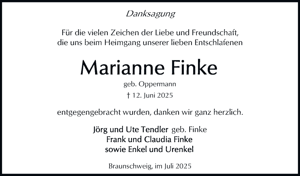  Traueranzeige für Marianne Finke vom 12.07.2025 aus Braunschweiger Zeitung