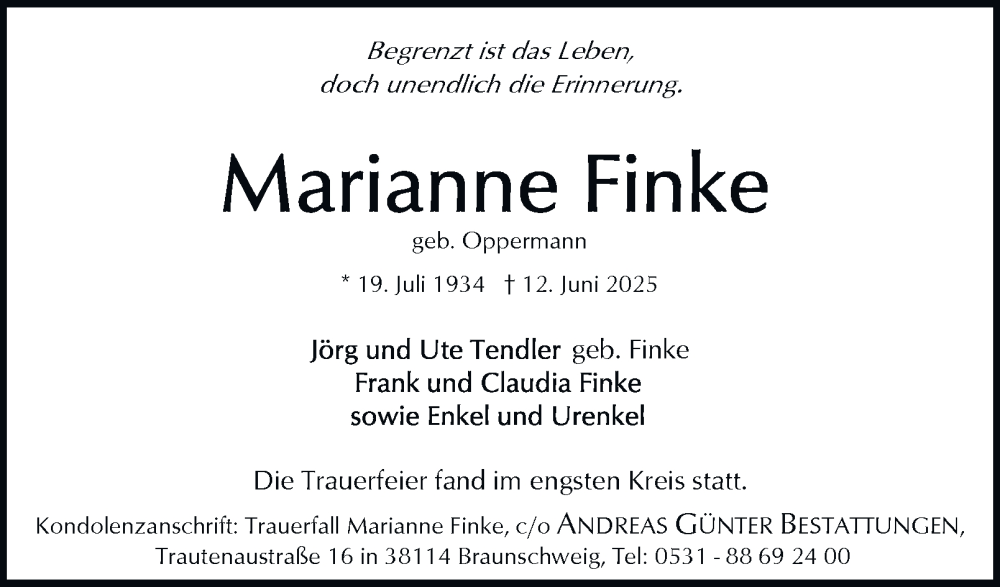  Traueranzeige für Marianne Finke vom 28.06.2025 aus Braunschweiger Zeitung