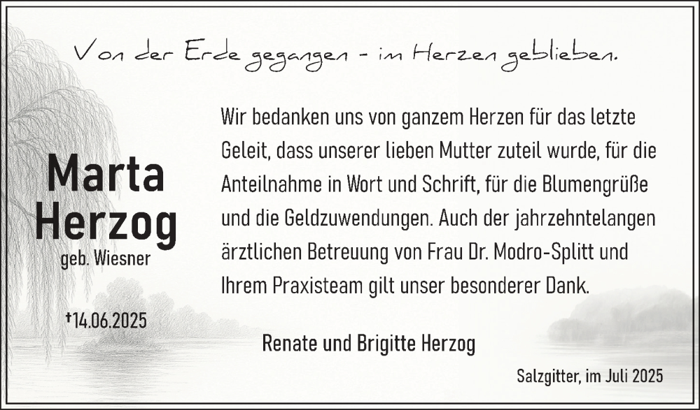  Traueranzeige für Marta Herzog vom 19.07.2025 aus Salzgitter-Zeitung
