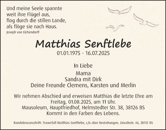 Traueranzeige von Matthias Senftlebe von Braunschweiger Zeitung