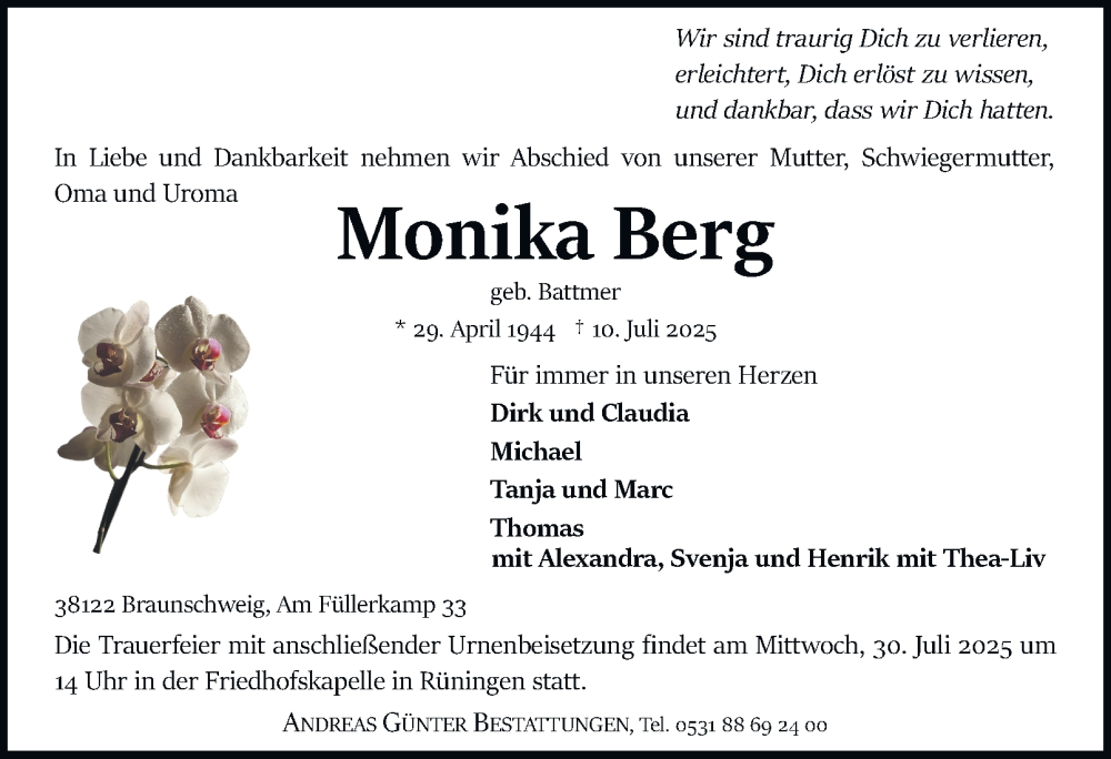  Traueranzeige für Monika Berg vom 19.07.2025 aus Braunschweiger Zeitung