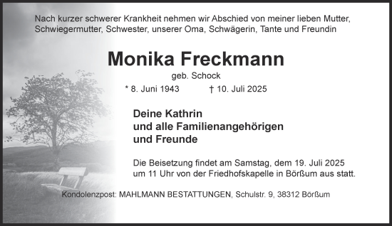 Traueranzeige von Monika Freckmann von Wolfenbütteler Zeitung