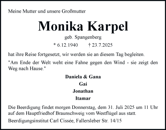 Traueranzeige von Monika Karpel von Braunschweiger Zeitung