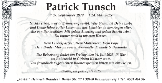 Traueranzeige von Patrick Tunsch von Braunschweiger Zeitung, Wolfsburger Nachrichten