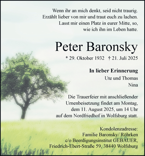 Traueranzeige von Peter Baronsky von Braunschweiger Zeitung, Wolfsburger Nachrichten
