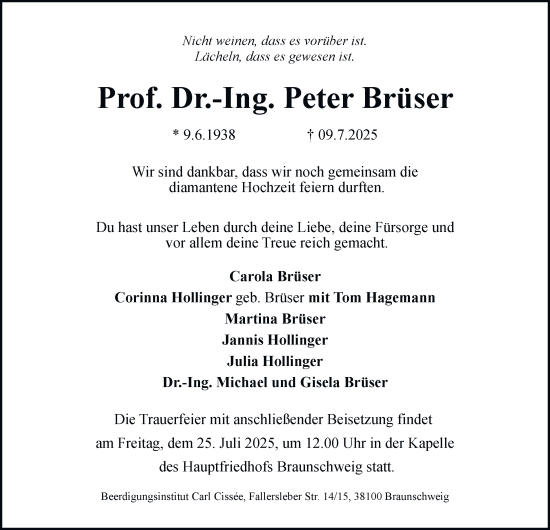 Traueranzeige von Peter Brüser von Braunschweiger Zeitung