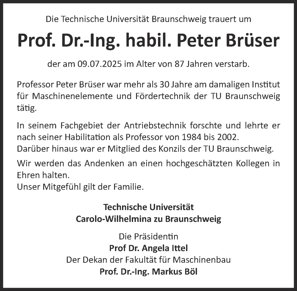  Traueranzeige für Peter Brüser vom 25.07.2025 aus Braunschweiger Zeitung